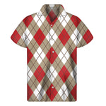Red White And Beige Argyle Pattern Print Men's Short Sleeve Shirt