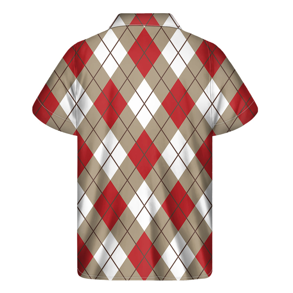 Red White And Beige Argyle Pattern Print Men's Short Sleeve Shirt