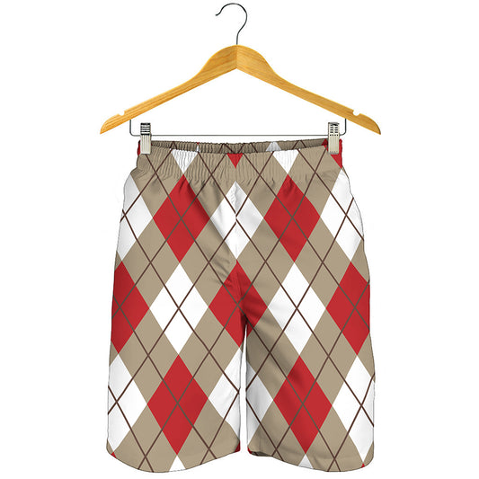 Red White And Beige Argyle Pattern Print Men's Shorts