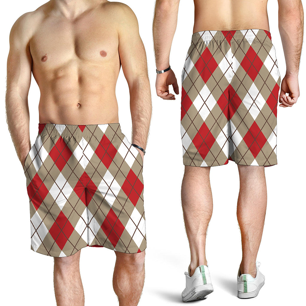 Red White And Beige Argyle Pattern Print Men's Shorts