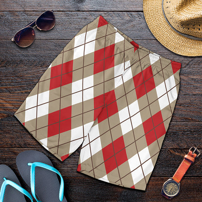 Red White And Beige Argyle Pattern Print Men's Shorts