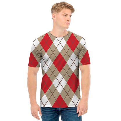 Red White And Beige Argyle Pattern Print Men's T-Shirt