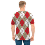 Red White And Beige Argyle Pattern Print Men's T-Shirt