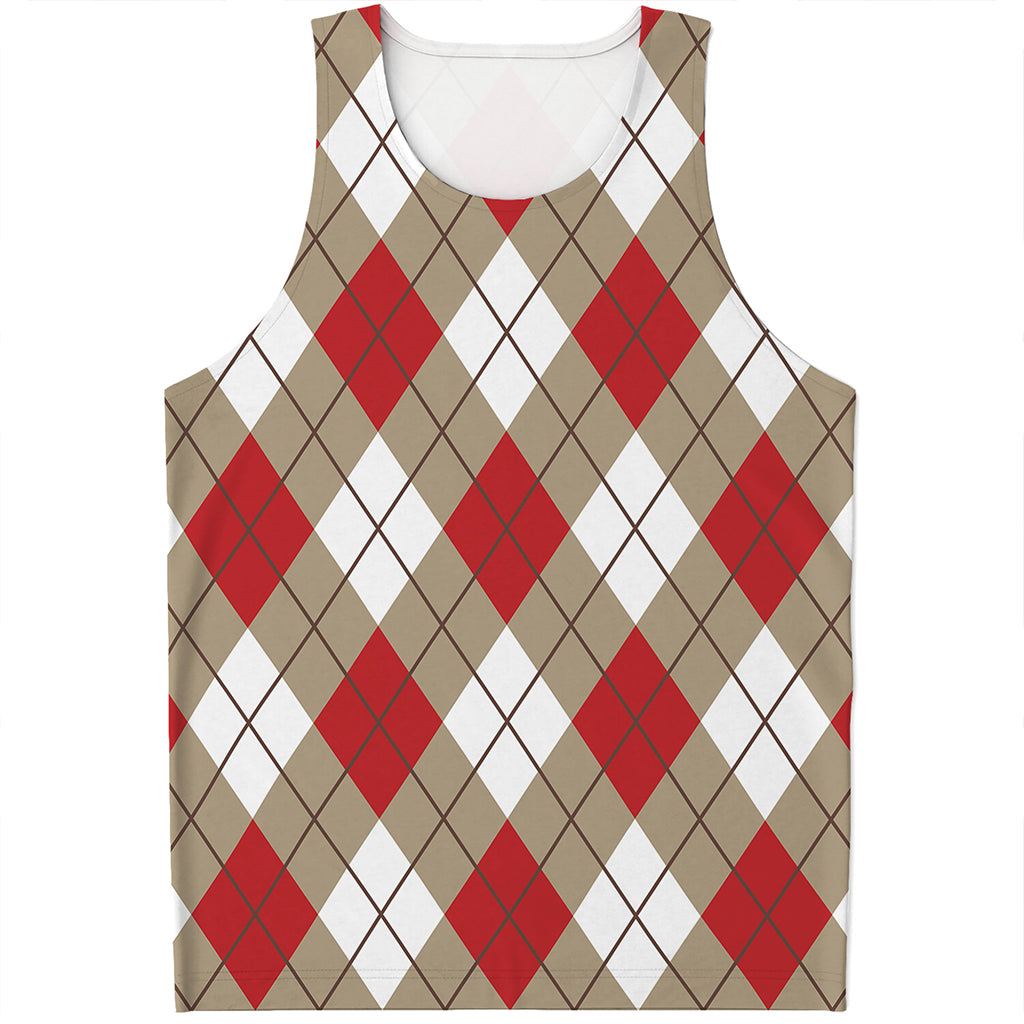 Red White And Beige Argyle Pattern Print Men's Tank Top