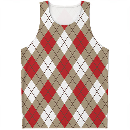 Red White And Beige Argyle Pattern Print Men's Tank Top