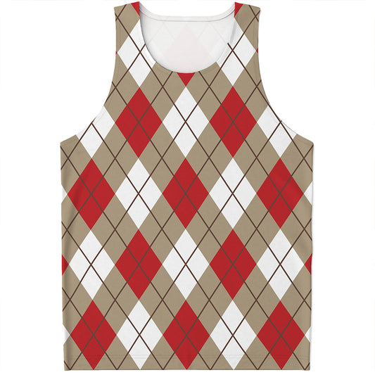 Red White And Beige Argyle Pattern Print Men's Tank Top