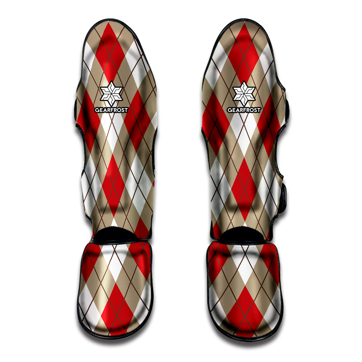 Red White And Beige Argyle Pattern Print Muay Thai Shin Guard