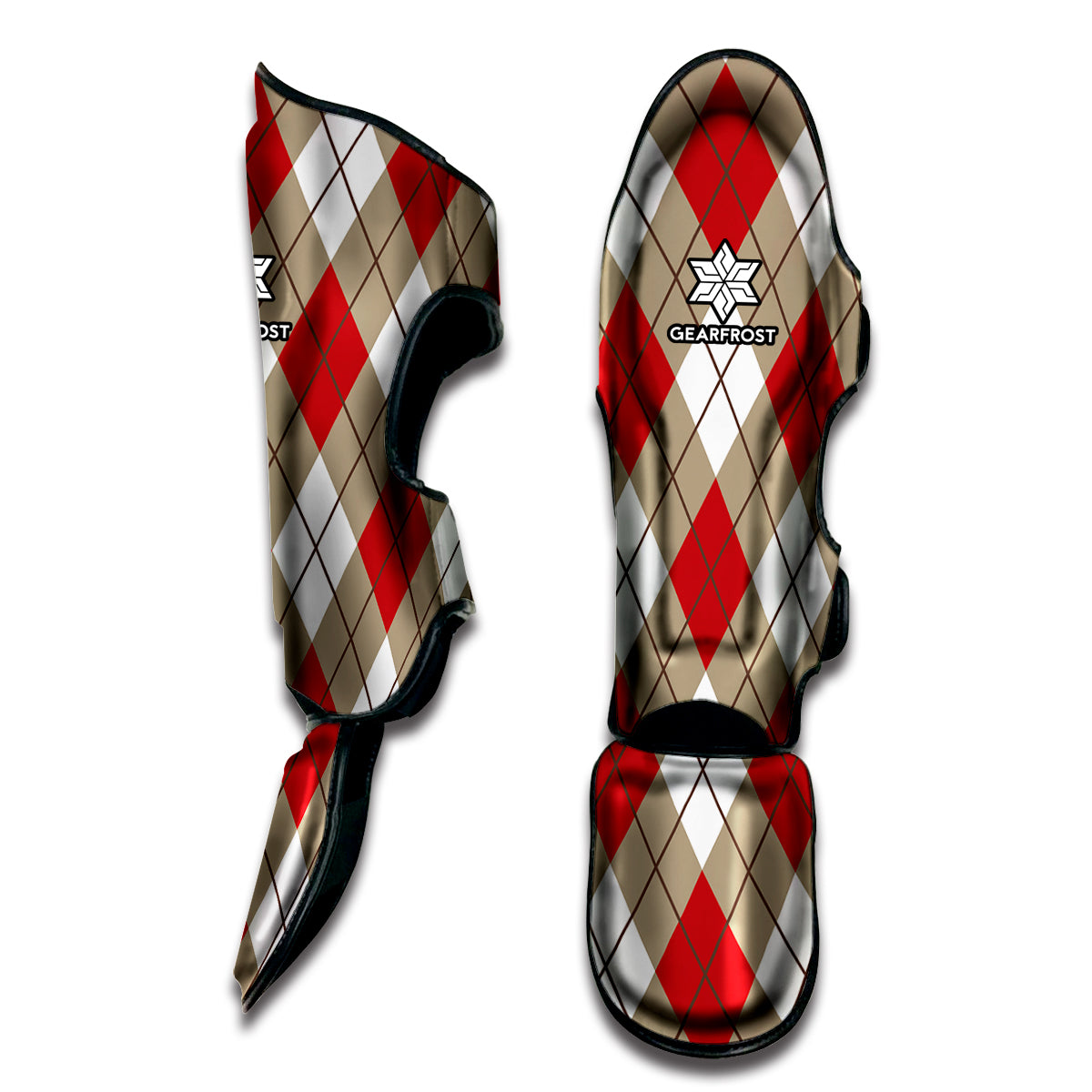 Red White And Beige Argyle Pattern Print Muay Thai Shin Guard