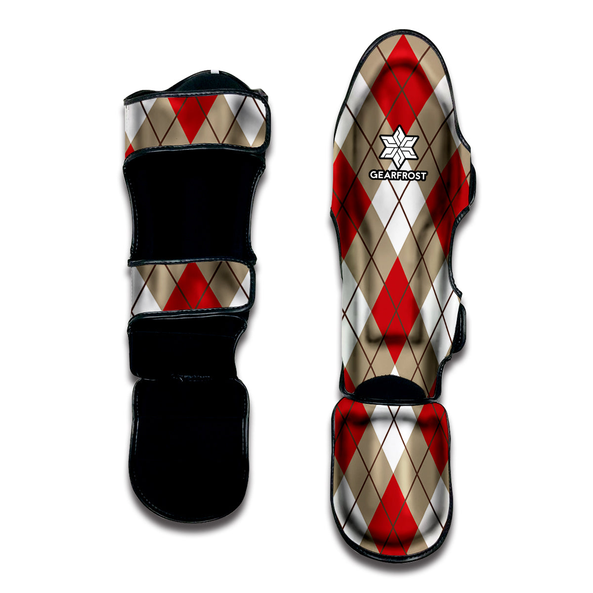 Red White And Beige Argyle Pattern Print Muay Thai Shin Guard