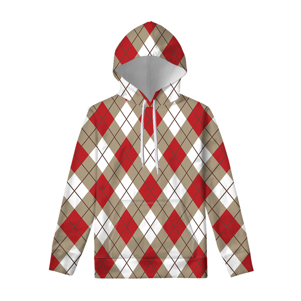 Red White And Beige Argyle Pattern Print Pullover Hoodie