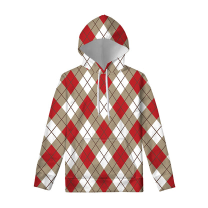 Red White And Beige Argyle Pattern Print Pullover Hoodie