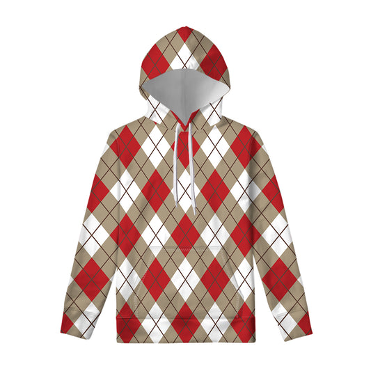 Red White And Beige Argyle Pattern Print Pullover Hoodie