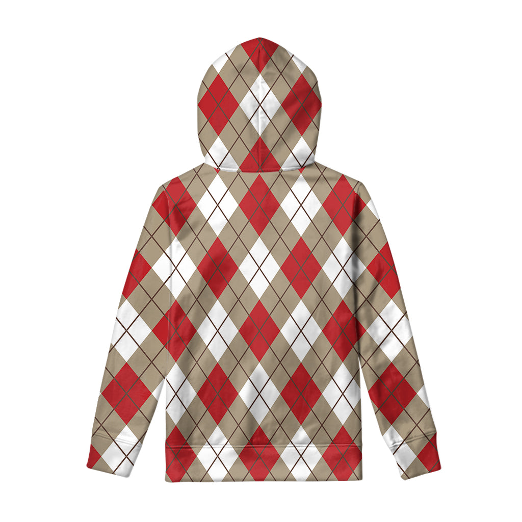 Red White And Beige Argyle Pattern Print Pullover Hoodie