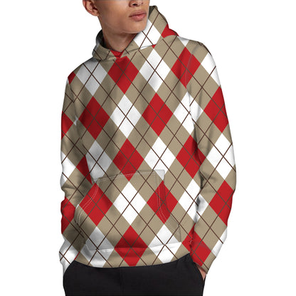 Red White And Beige Argyle Pattern Print Pullover Hoodie