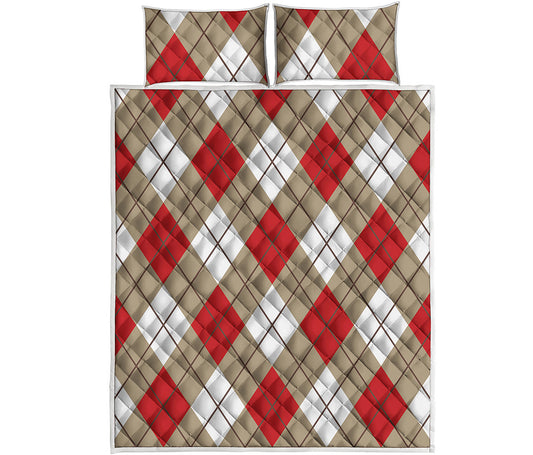 Red White And Beige Argyle Pattern Print Quilt Bed Set
