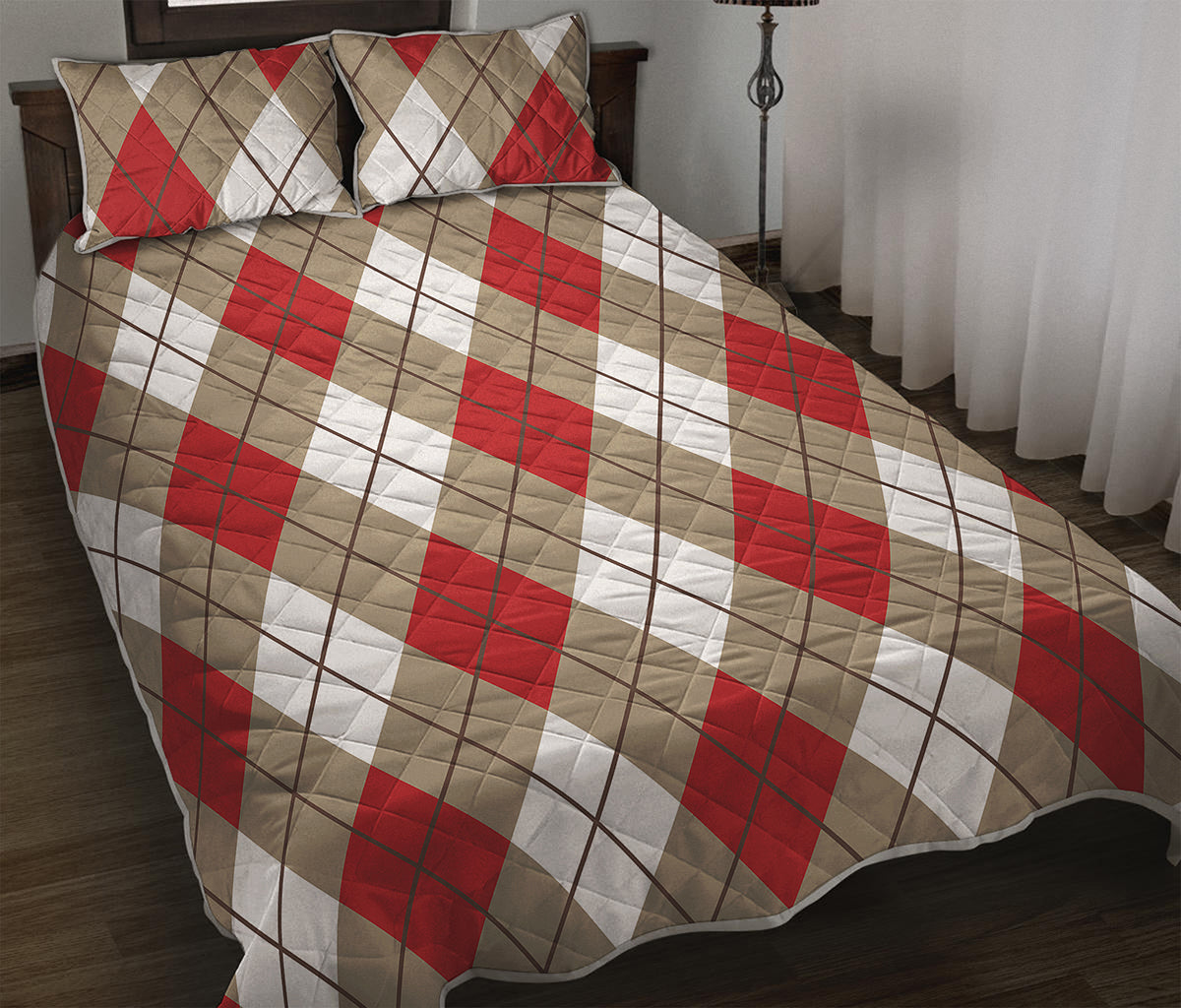 Red White And Beige Argyle Pattern Print Quilt Bed Set