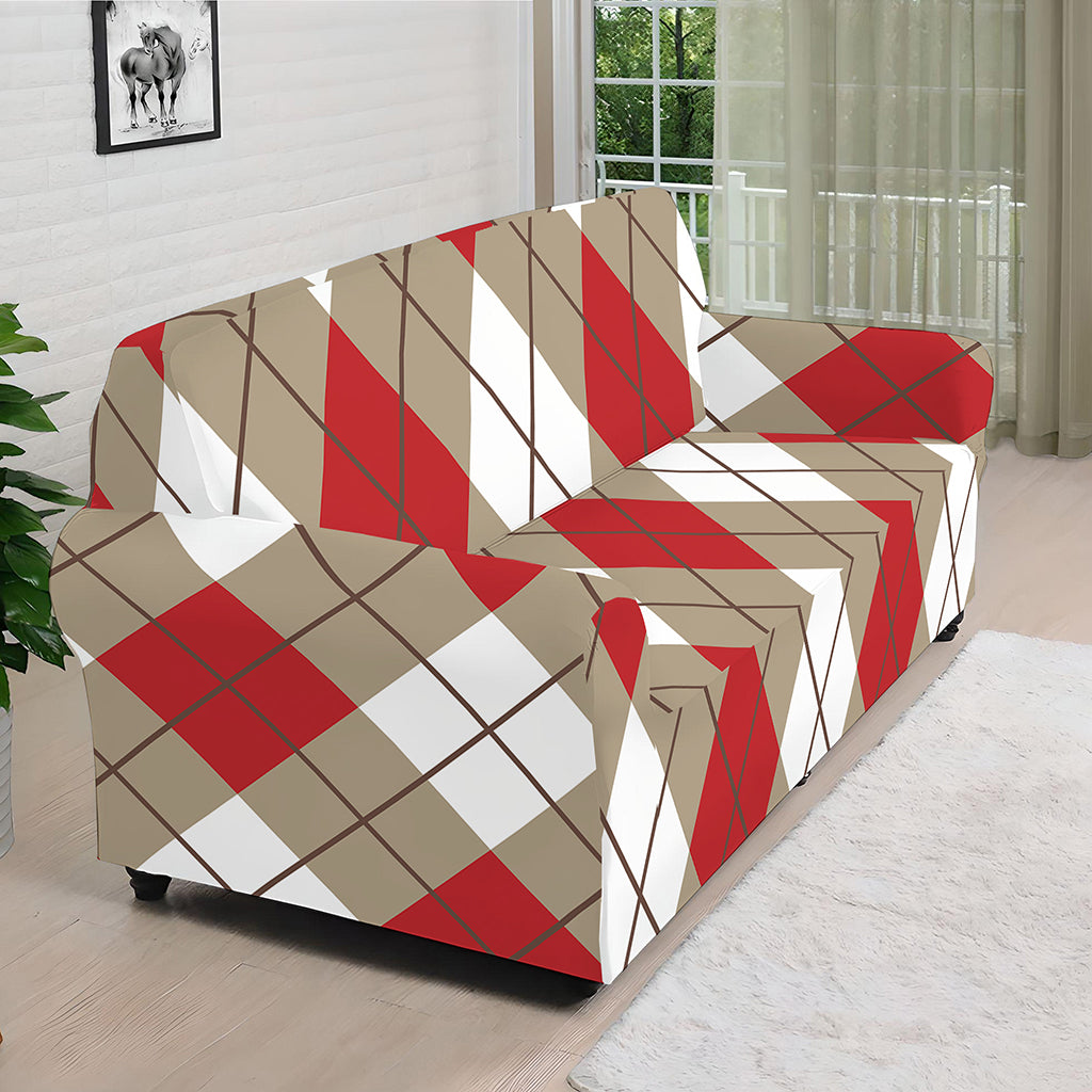 Red White And Beige Argyle Pattern Print Sofa Cover