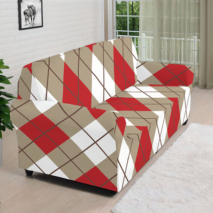 Red White And Beige Argyle Pattern Print Sofa Cover