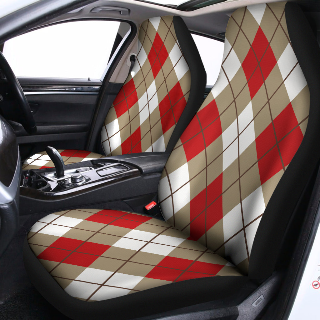 Red White And Beige Argyle Pattern Print Universal Fit Car Seat Covers