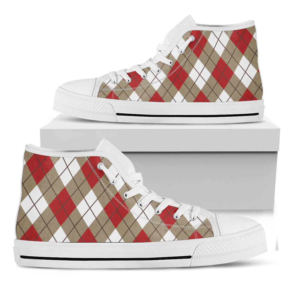 Red White And Beige Argyle Pattern Print White High Top Shoes