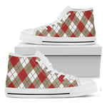 Red White And Beige Argyle Pattern Print White High Top Shoes