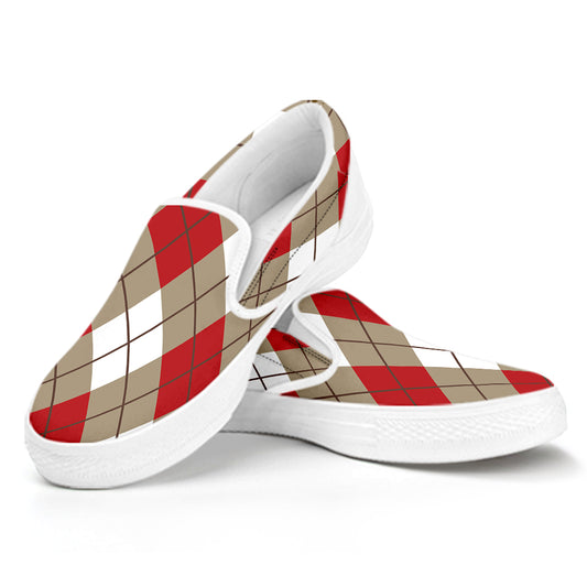 Red White And Beige Argyle Pattern Print White Slip On Shoes