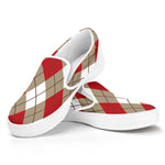 Red White And Beige Argyle Pattern Print White Slip On Shoes