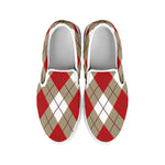 Red White And Beige Argyle Pattern Print White Slip On Shoes