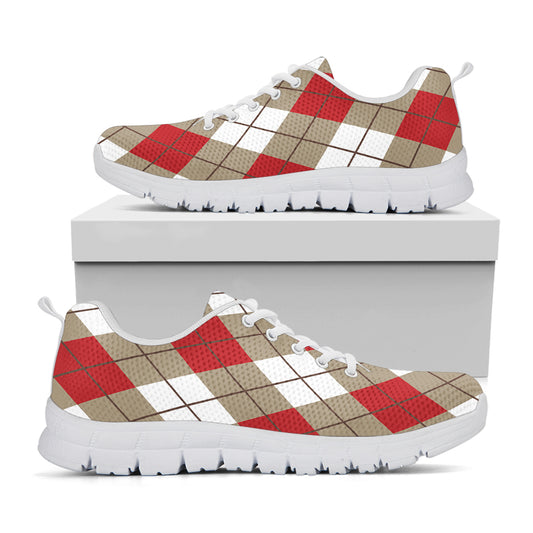 Red White And Beige Argyle Pattern Print White Sneakers