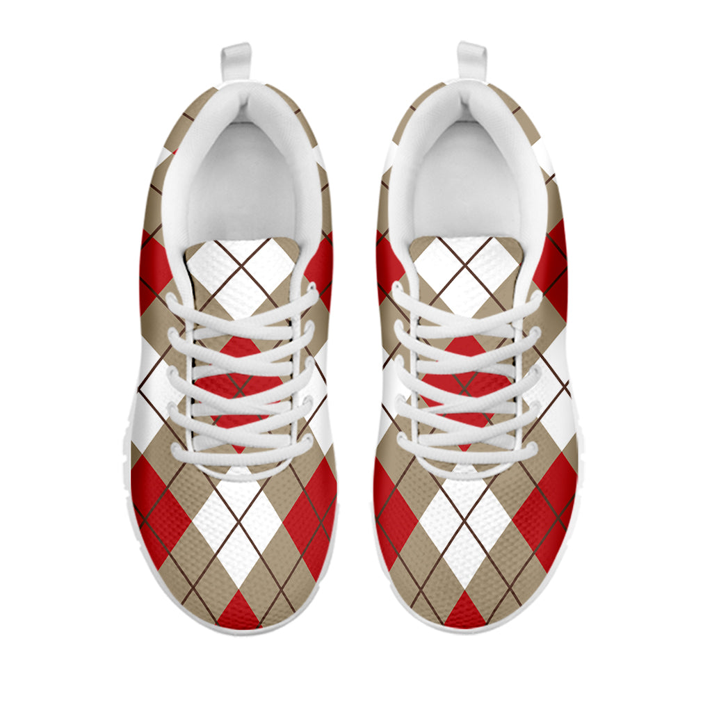 Red White And Beige Argyle Pattern Print White Sneakers