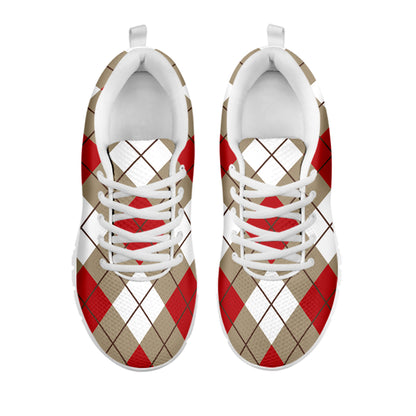 Red White And Beige Argyle Pattern Print White Sneakers