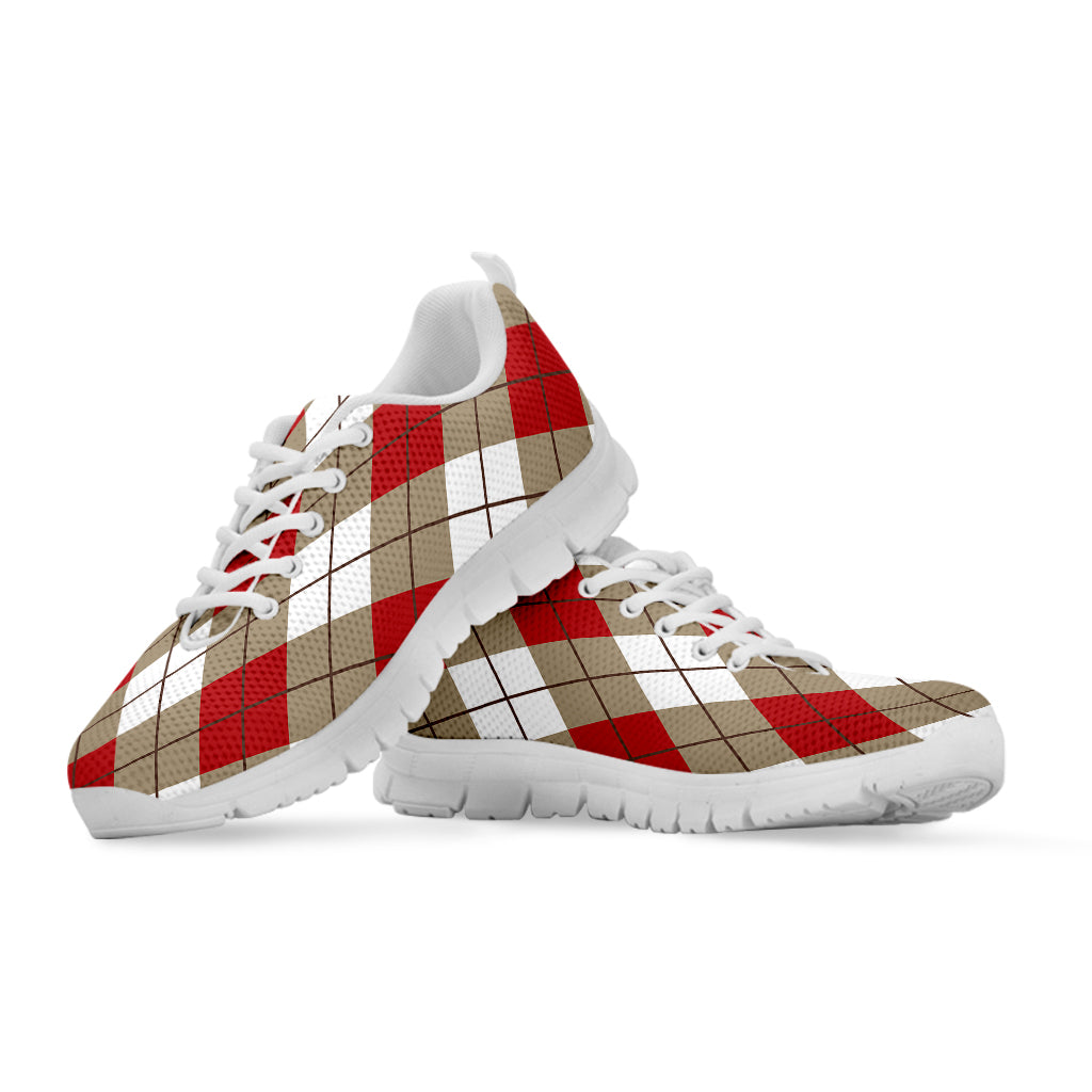 Red White And Beige Argyle Pattern Print White Sneakers
