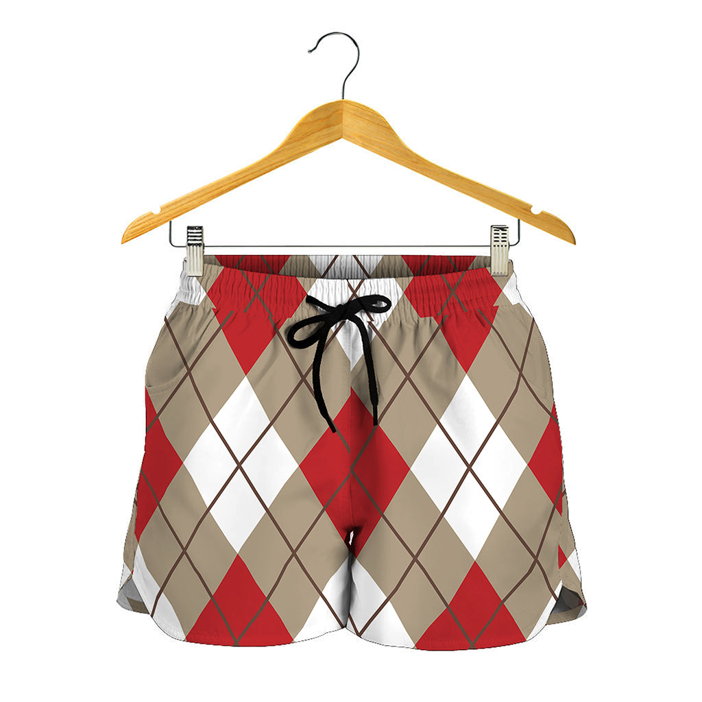 Red White And Beige Argyle Pattern Print Women's Shorts