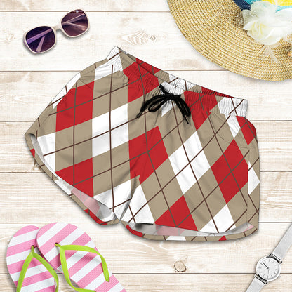 Red White And Beige Argyle Pattern Print Women's Shorts