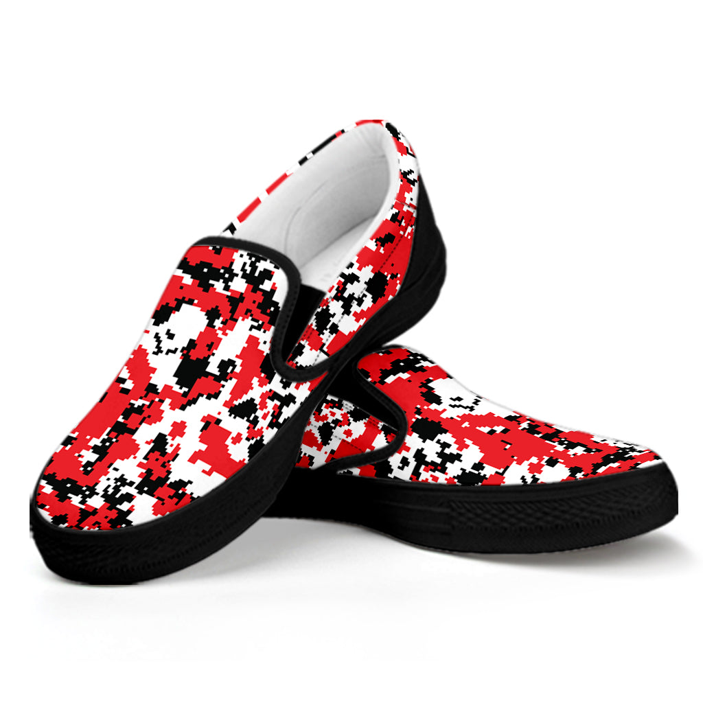 Red White And Black Digital Camo Print Black Slip On Shoes