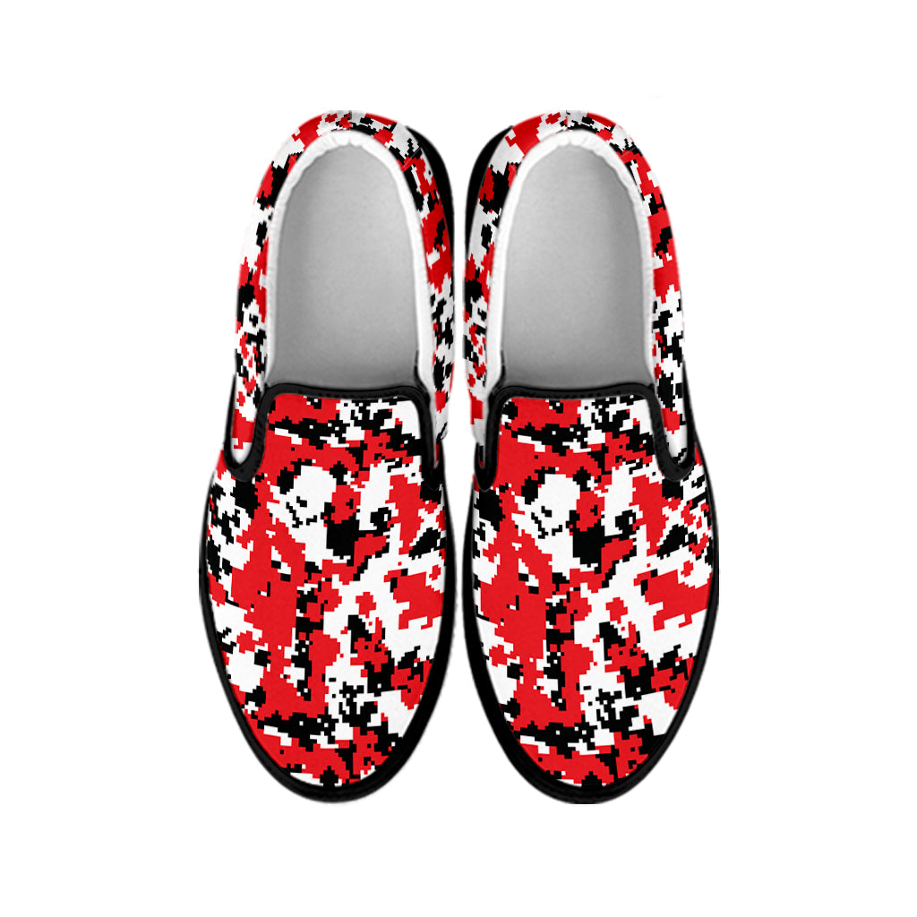 Red White And Black Digital Camo Print Black Slip On Shoes