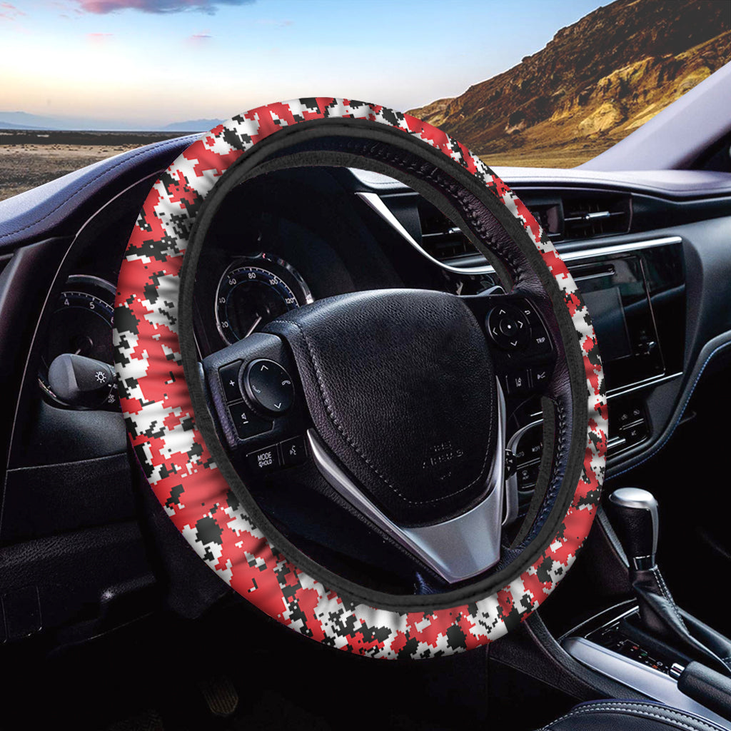 Red White And Black Digital Camo Print Car Steering Wheel Cover