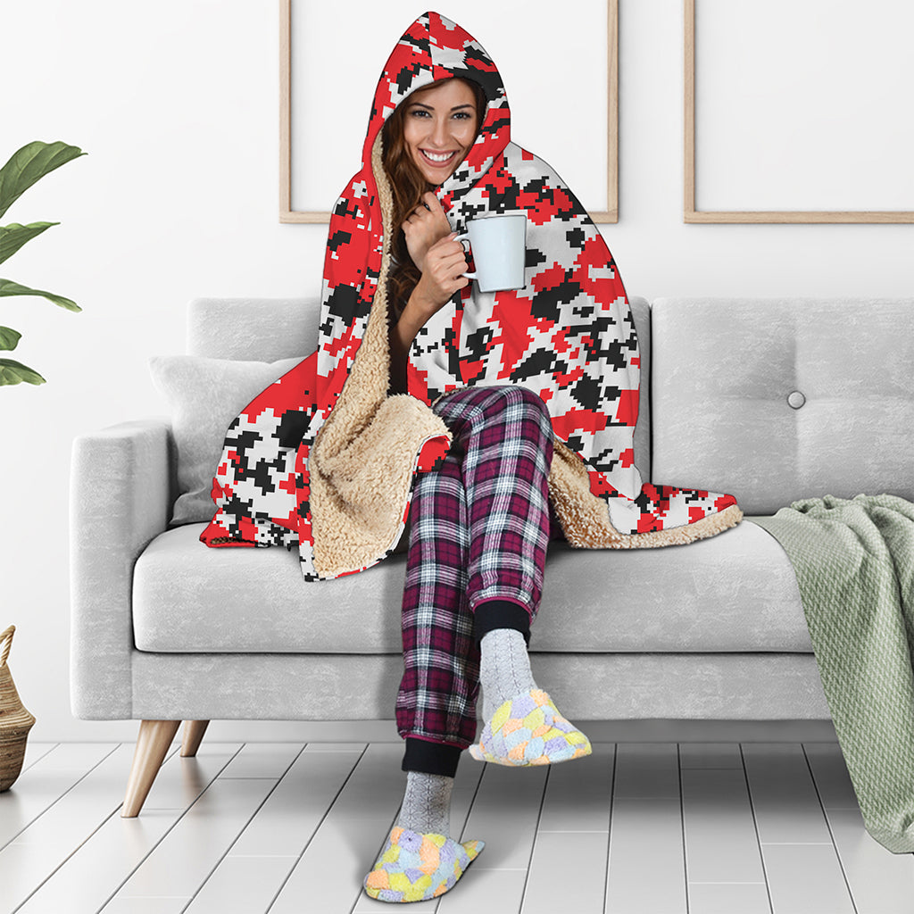 Red White And Black Digital Camo Print Hooded Blanket