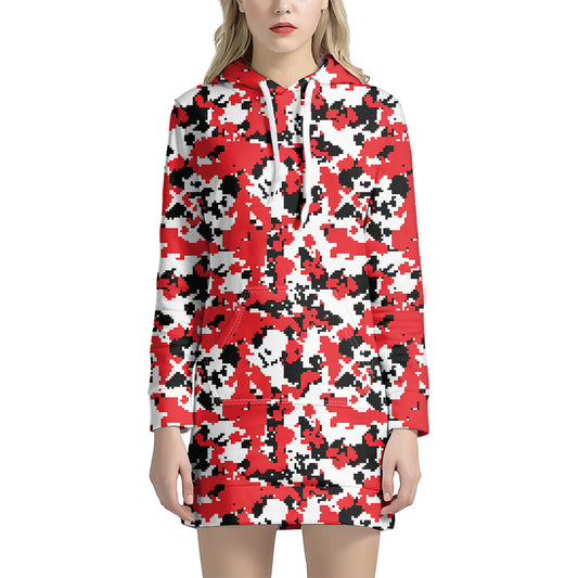 Red White And Black Digital Camo Print Hoodie Dress