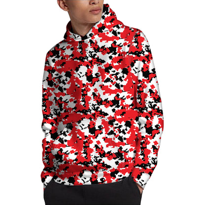 Red White And Black Digital Camo Print Pullover Hoodie