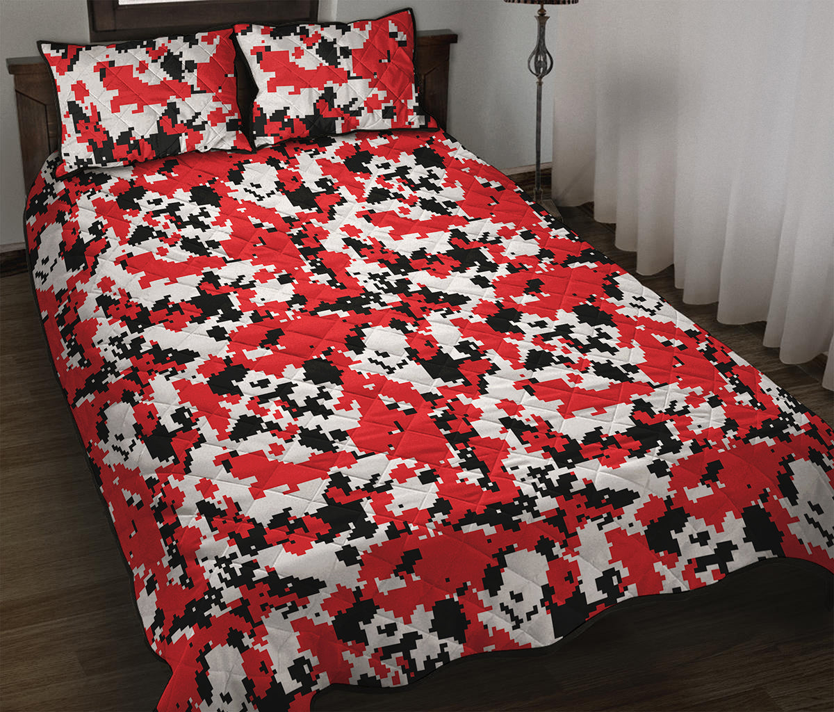 Red White And Black Digital Camo Print Quilt Bed Set