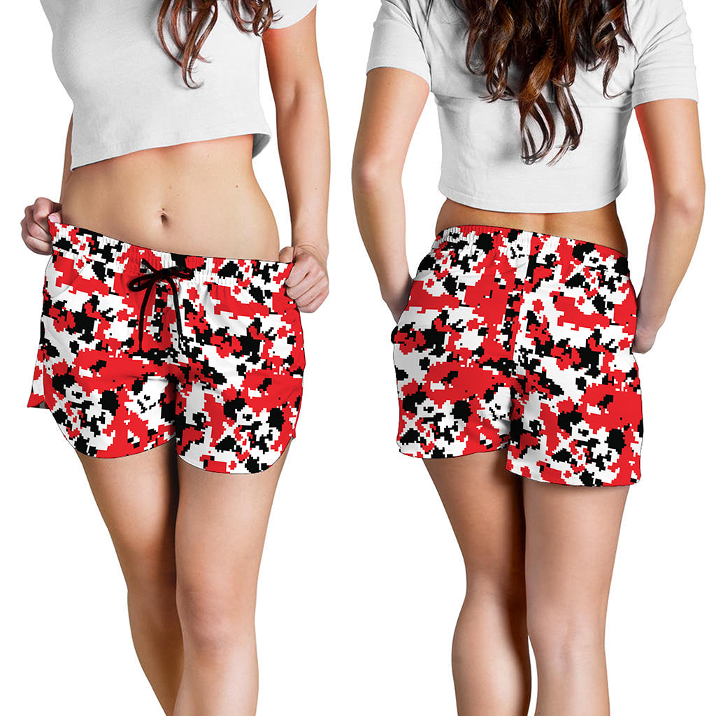 Red White And Black Digital Camo Print Women's Shorts