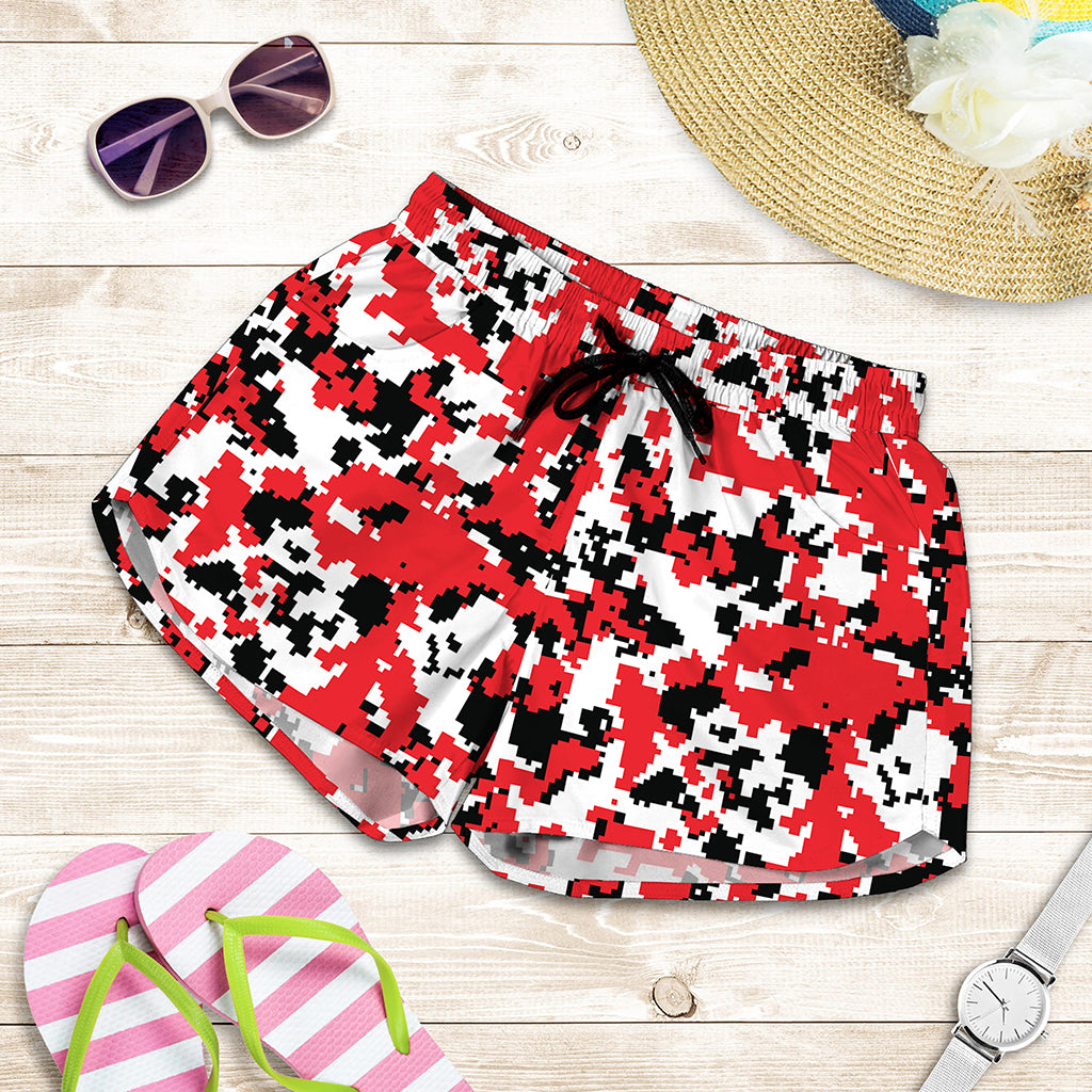 Red White And Black Digital Camo Print Women's Shorts