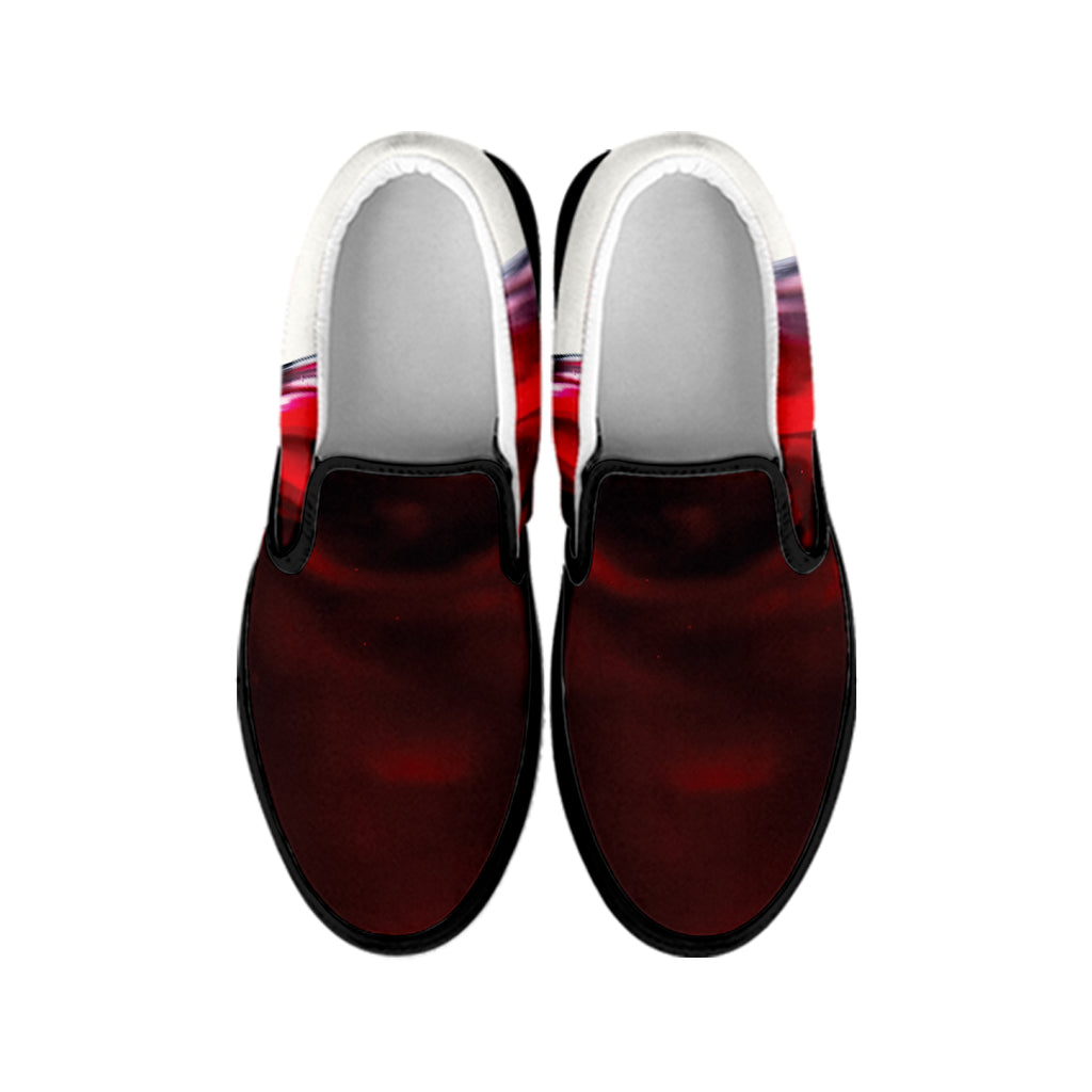 Red Wine Print Black Slip On Shoes
