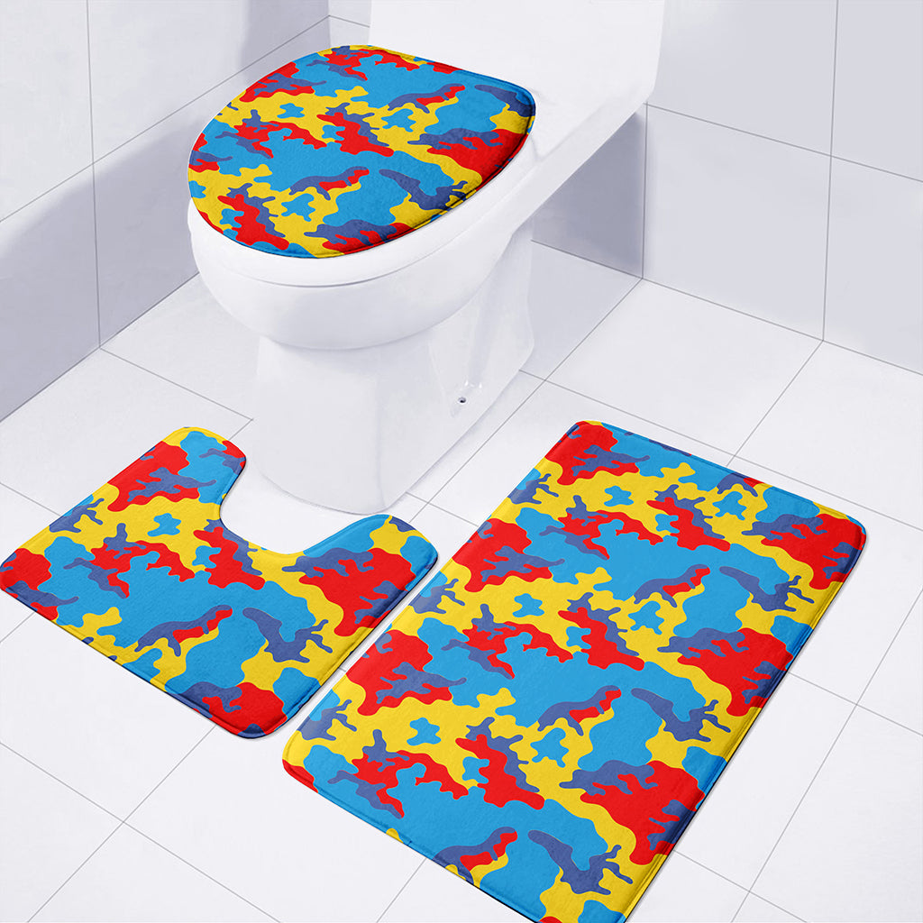 Red Yellow And Blue Camouflage Print 3 Piece Bath Mat Set