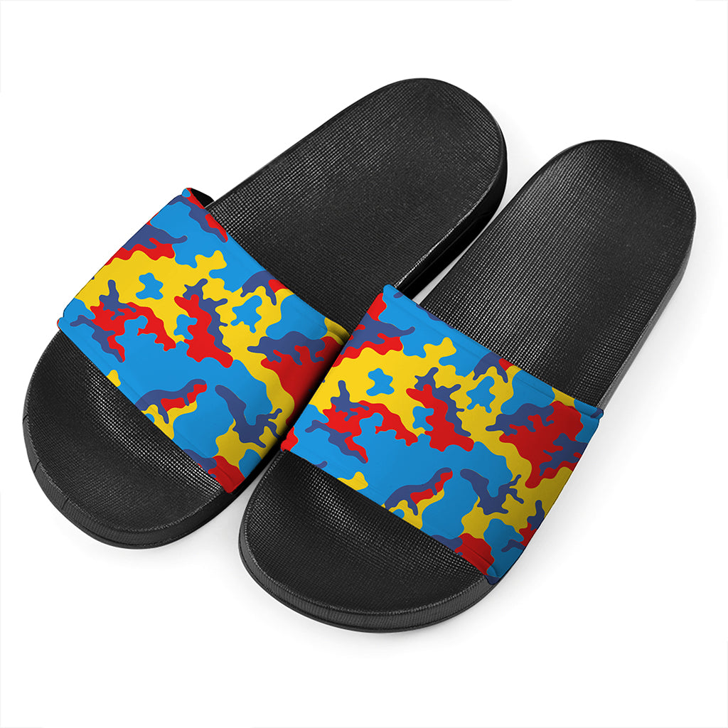 Red Yellow And Blue Camouflage Print Black Slide Sandals