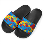 Red Yellow And Blue Camouflage Print Black Slide Sandals
