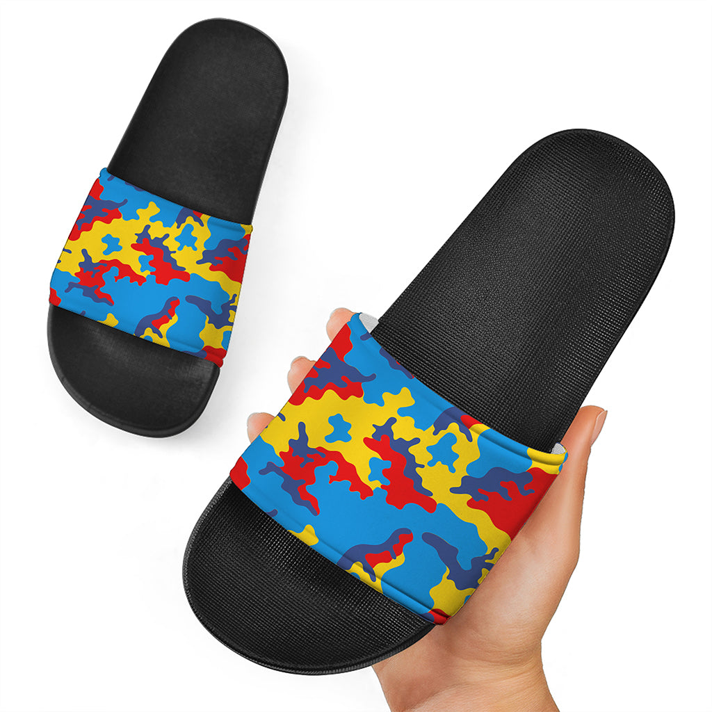 Red Yellow And Blue Camouflage Print Black Slide Sandals