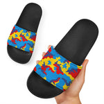 Red Yellow And Blue Camouflage Print Black Slide Sandals