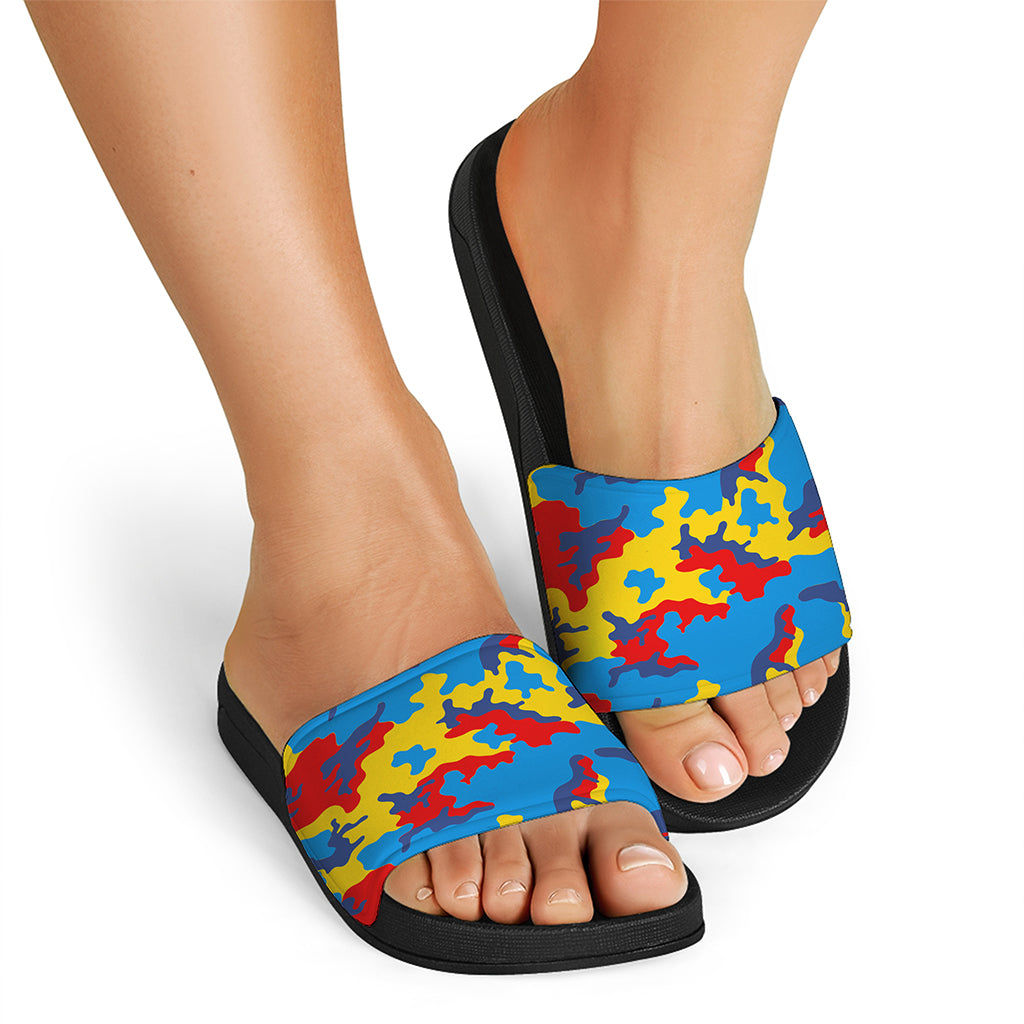 Red Yellow And Blue Camouflage Print Black Slide Sandals